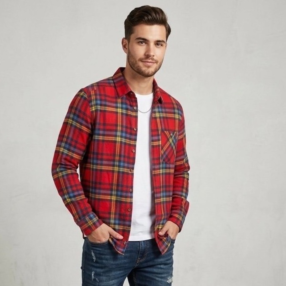 Identic Mens Flannel Shirt Red Blue Yellow Plaid Long Sleeve Button Up Size M